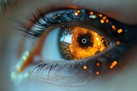 Extreme close-up of human eye with digital technology reflection and glowing orange lights, showcasing futuristic biometric concept.