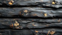 Charred wooden logs with glowing golden accents create dramatic texture. Dark burnt surface with natural amber highlights reveals organic patterns in macro view.