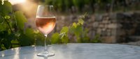 Glass of rosé wine on table in vineyard at golden hour sunset with grapevines and stone wall background for wine tasting and dining experiences.