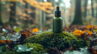 Green glass dropper bottle on moss surrounded by autumn leaves in forest setting with soft bokeh background, natural wellness and aromatherapy concept.