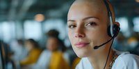 Young Caucasian female customer service representative with headset in modern office environment. Blurred colleagues working in background.