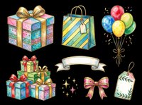 Colorful gift boxes, shopping bag, balloons, ribbons, and gift tags isolated on transparent background. Ready for t-shirt designs, clipart, stickers, sublimation, and print-on-demand projects.