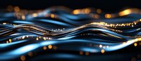 Abstract flowing waves with glowing blue and gold light effects on dark background create dynamic motion and luxury design element for technology concept.