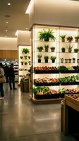 Modern grocery store interior with fresh produce display and potted plants on illuminated shelves creating sustainable shopping environment for retail design.