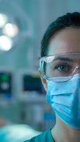 Female healthcare worker wearing protective mask and safety glasses in modern medical laboratory environment for research and clinical work.