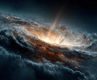 Spectacular spiral galaxy with glowing center and cosmic dust clouds against deep space background for astronomy and science fiction projects.