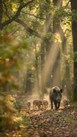 Wild boar family with piglets walking through sunlit autumn forest path with golden light rays filtering through trees creating magical atmosphere.