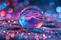 Crystal ball with magical pink and blue reflections on glittery surface against blurred bokeh background creates dreamy atmosphere for mystical designs.