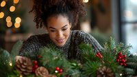 Young African American woman smiling while arranging Christmas garland with pine cones and red berries in cozy home setting with warm bokeh lights.