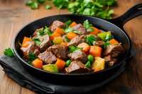 Tender beef stew with colorful carrots, potatoes and fresh herbs in cast iron skillet on rustic wooden background, homestyle comfort food cooking.