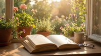 Open book on a sunny windowsill with potted flowers, a mug, and glasses in warm golden light, evoking calm and relaxation.