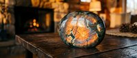 Decorative autumn pumpkin with carved leaf patterns glowing warmly on rustic wooden table near cozy fireplace creating seasonal fall atmosphere for home decor.