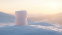 Delicate marshmallows stacked on fresh snow at sunset create dreamy winter atmosphere with soft pink and golden light, bokeh effect in background.