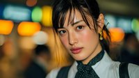 Young Asian businesswoman with bangs in white shirt against blurred city lights at night. Professional portrait for corporate marketing and career concepts.