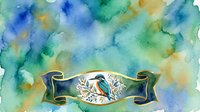 Watercolor abstract background with blue, green, and gold washes featuring an ornamental banner with bird and botanical elements, suitable for invitations and design projects.