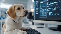 Labrador puppy working at computer desk with financial charts and market data on monitor screen. Business concept with funny pet analyzing statistics.