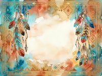 Boho dreamcatcher with feathers and geometric patterns in turquoise, coral, and gold tones, featuring watercolor clouds and tribal ornaments for bohemian design projects.