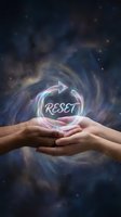 Hands holding glowing reset symbol with circular arrow against cosmic space background for renewal and fresh start concepts.