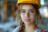 Young female construction worker with blue eyes and blonde hair in braid wearing yellow hard hat and safety vest, looking confidently at camera in industrial setting.