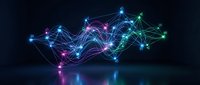Digital network visualization with glowing nodes and connecting lines in blue, purple, and green colors flowing upward against dark background, representing data connectivity, technology infrastructure, and digital transformation for web design and tech presentations.