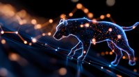 Glowing digital panther silhouette with constellation effect on dark background, surrounded by luminous particles and network connections. Modern tech concept.