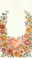 Watercolor floral frame with roses, peonies, and a soft heart, in warm peach and terracotta tones, perfect for wedding cards and invitations.