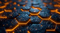 Glowing orange hexagonal pattern on dark textured surface with illuminated edges creating futuristic technological abstract background.