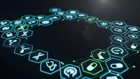 Glowing hexagonal technology icons arranged in circular pattern on dark background for digital innovation and connectivity concepts.