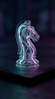 Glowing neon chess knight piece with holographic wireframe design in cyan and magenta colors on dark surface for gaming and strategy concepts.