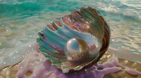 Pearl in open seashell on sandy beach with turquoise ocean waves, magical marine composition with iridescent mother of pearl texture and water drops.