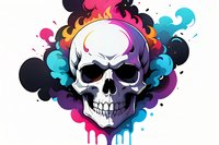 Artistic skull illustration with vibrant colorful smoke effects and paint drips against dark background, featuring gradient neon colors and dynamic composition.