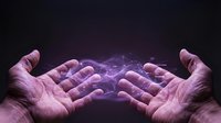 Two hands holding glowing purple energy orb between palms against dark background, suitable for spirituality, magic, healing, and wellness design projects.