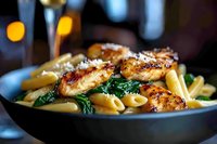 Grilled chicken breast with penne pasta and sauteed spinach in creamy sauce, served in rustic cast iron pan against dark moody background with bokeh lights.