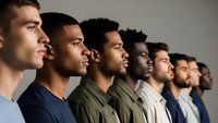 Diverse group of young men standing in profile line showing unity and teamwork in modern studio setting for business and social concepts.