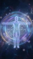 Glowing human silhouette with arms outstretched inside cosmic energy rings on a starry galaxy background, symbolizing infinite potential.