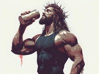 Muscular bearded man in tank top drinking from protein shaker, crown of thorns on head, artistic interpretation mixing religious symbolism with modern fitness culture.