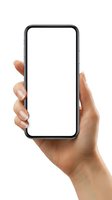 Hand holding modern smartphone with blank white screen isolated on white background for app presentation and mobile technology mockup design.