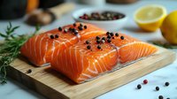 Fresh raw salmon fillets with black peppercorns and herbs on wooden cutting board, citrus and spices for cooking healthy omega-3 rich seafood meal.