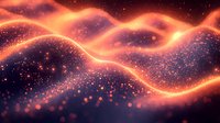 Glowing orange energy waves flow through starry space creating dynamic motion effect against dark background with floating luminous particles.
