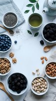 Healthy superfood ingredients flat lay with green tea, chia seeds, blueberries, blackberries, nuts and almonds arranged on white marble background for wellness nutrition.