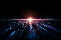 Futuristic digital landscape with glowing light burst and streaming data lines in blue and purple tones against dark background, creating perspective depth effect.