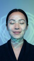 Asian woman with closed eyes and glowing digital facial mapping lines for biometric identification, security technology and artificial intelligence concepts.