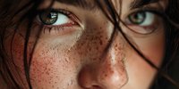 Close-up portrait of young Caucasian woman with freckles and green eyes, natural beauty concept for skincare and cosmetics advertising campaigns.