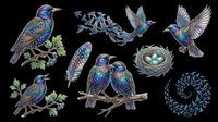 Colorful birds with iridescent plumage, feathers, and nest isolated on transparent background. Ready for t-shirt design, clipart, stickers, sublimation, and print-on-demand projects.