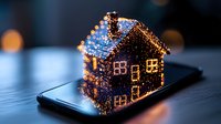 Glowing miniature house silhouette on smartphone screen with magical bokeh lights creating dreamy atmosphere, concept of smart home technology and digital living.