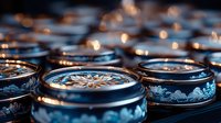 Decorative metal rings with floral engravings in dark blue and gold tones create elegant pattern. Luxury jewelry collection showcases intricate craftsmanship and metalwork details.