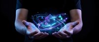 Hands holding glowing digital atom with blue neon light trails on black background. Concept for science, technology, innovation, research, and future development.