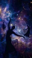 Silhouettes of female dancers moving gracefully against a vivid cosmic nebula with glowing stars and purple galaxy clouds.