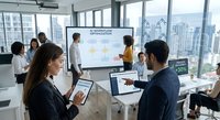 Modern business team analyzing data visualization on large screen in glass conference room with city skyline view during corporate meeting.