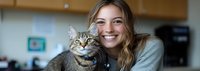 Young Caucasian woman with wavy blonde hair smiling while holding gray tabby cat in casual home setting, panoramic crop showing joyful pet ownership and companionship.